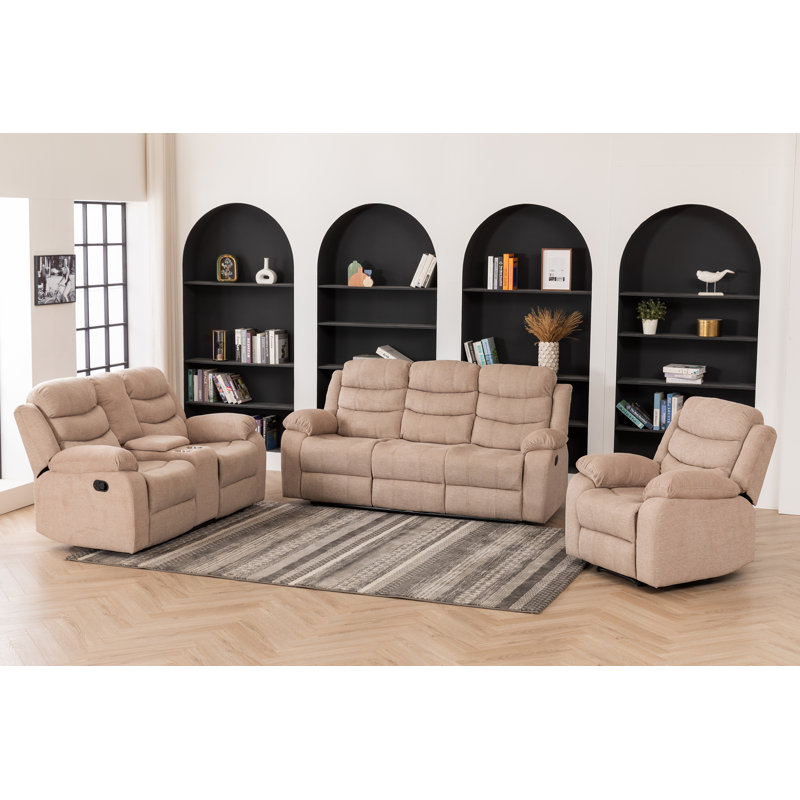 Ensemble de canapé inclinable en tissu 3 pièces avec porte-gobelets rabattables pour le salon, Chameau clair