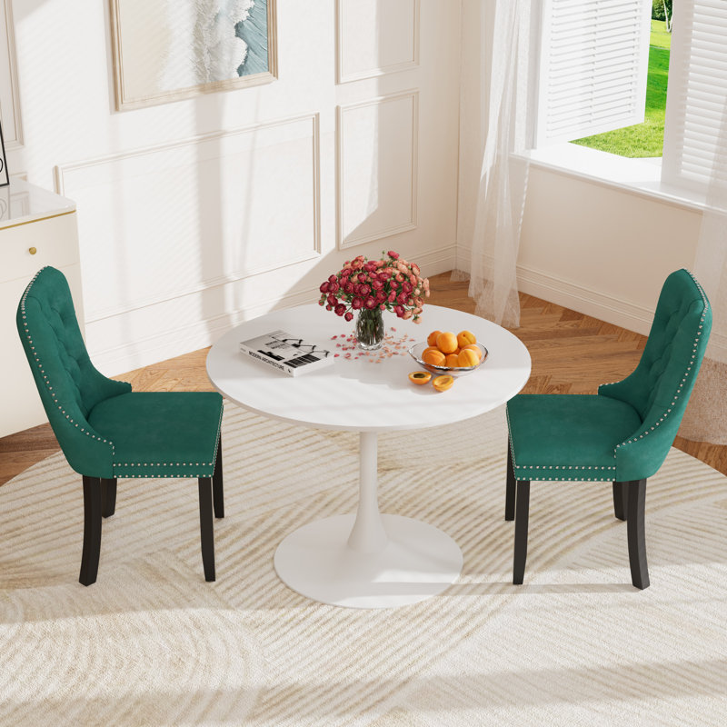 Round Pedestal Dining Set with 2 chairs, Green, White/White