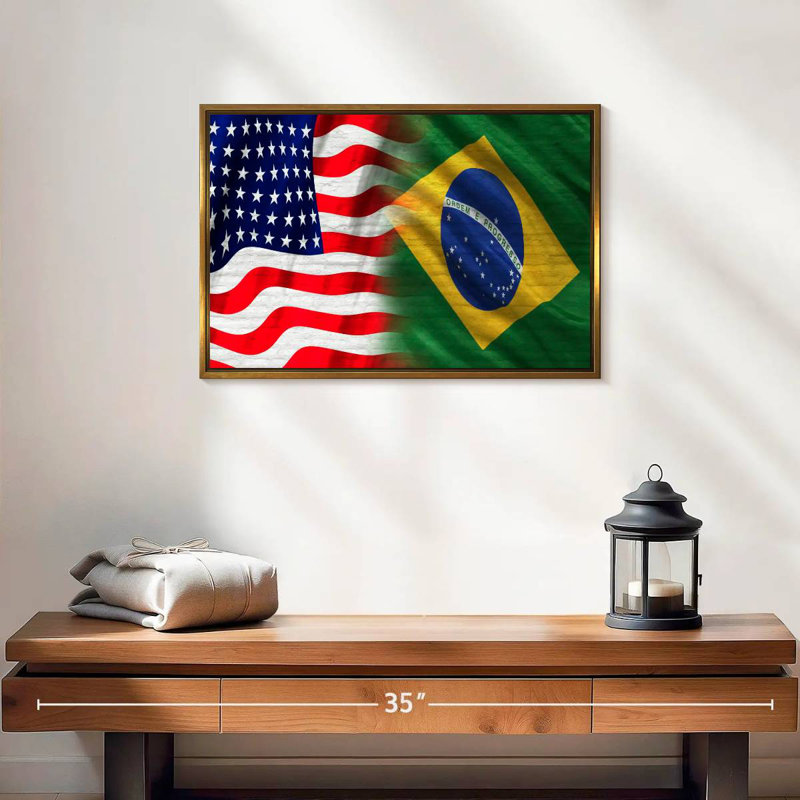 Drapeau des États-Unis et du Brésil, 19 po x 13 po, Cadre flottant doré