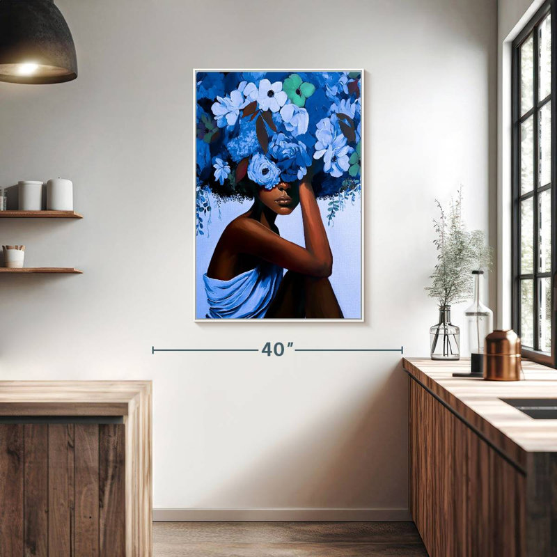 Fille aux cheveux bleus, Cadre flottant blanc, 27 po x 40 po