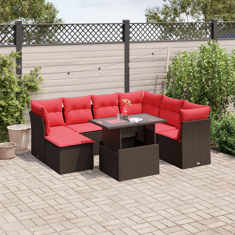  Ensemble de canapé de patio 8 pièces avec coussins en rotin de polyester brun, Rouge, Brun