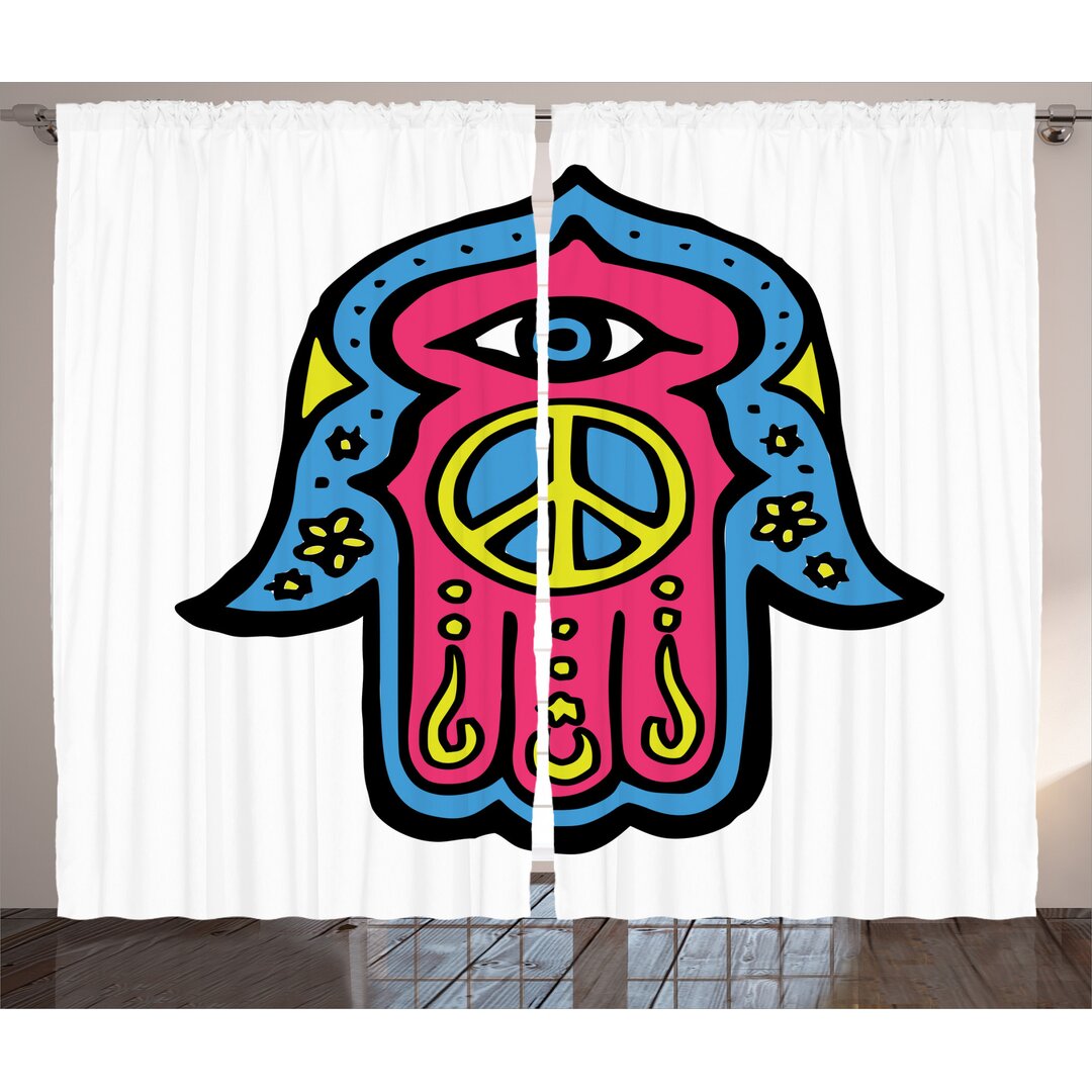 Rustikaler Vorhang, Hippie Hand Fatima, Hamsa, Blau Gelb Rosa