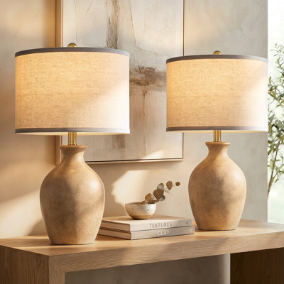 24" Distressed Ceramic Table Lamps with Linen Shades, Farmhouse Style, Includes 2 LED Bulbs (Set of 2)