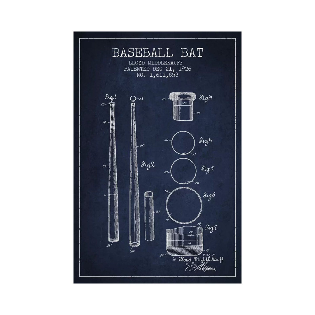 Baseballschläger Navy Blue Patent Blueprint von Aged Pixel - Galerie- Giclée auf Leinwand