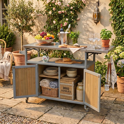 54" W Mobile Outdoor Kitchen With Folding Countertop, Solid Wood Kitchen Islands With Storage System