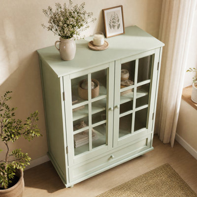 Modern Buffet Cabinet with Glass Doors, Adjustable Shelf & Drawer, Green