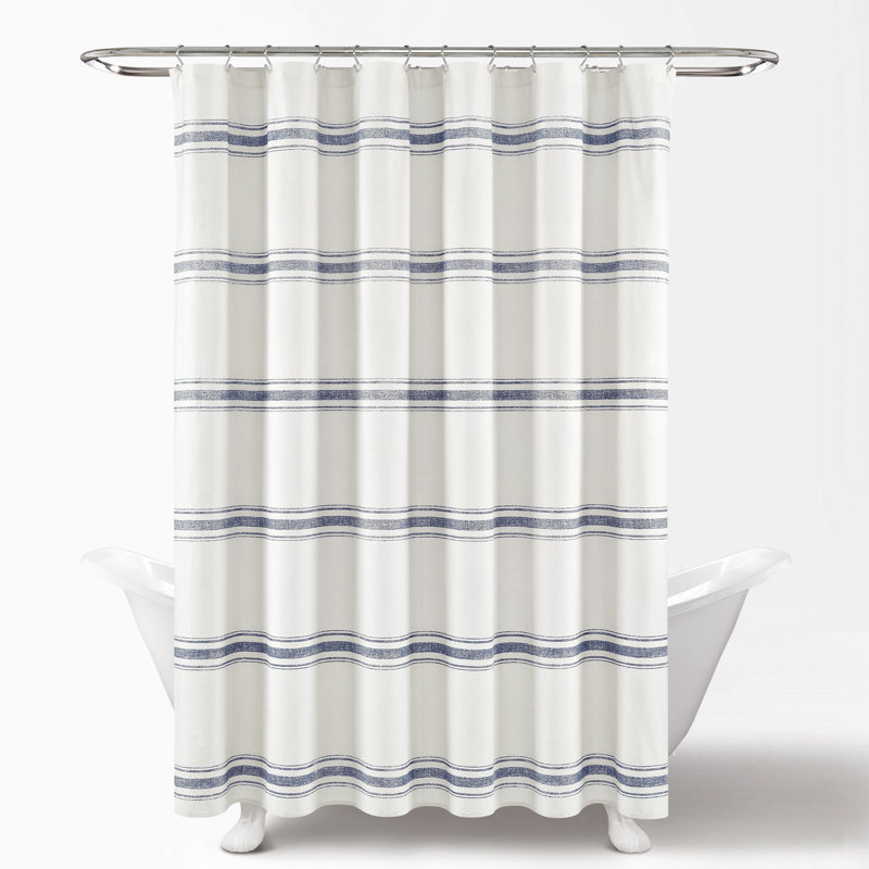 Rideau de douche simple à rayures 100% coton Gilroy Farmhouse, Bleu marine