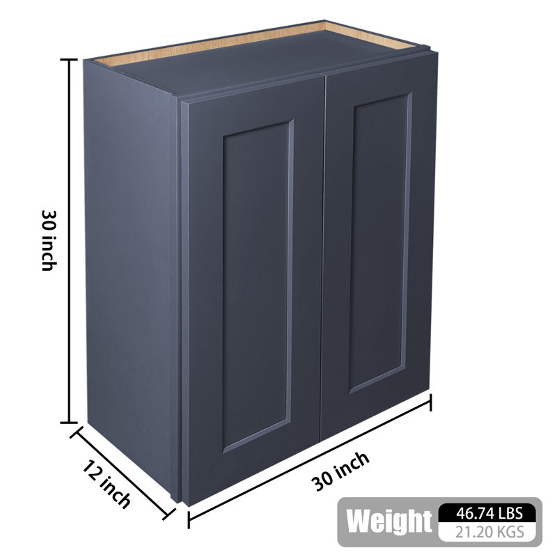 Armoire murale bleue double en bois massif à 2 portes et 2 tablettes pour la cuisine, la salle de bain, la buanderie, tablettes réglables prêtes à assembler (l 30 po x P 12 po x H 30 po)