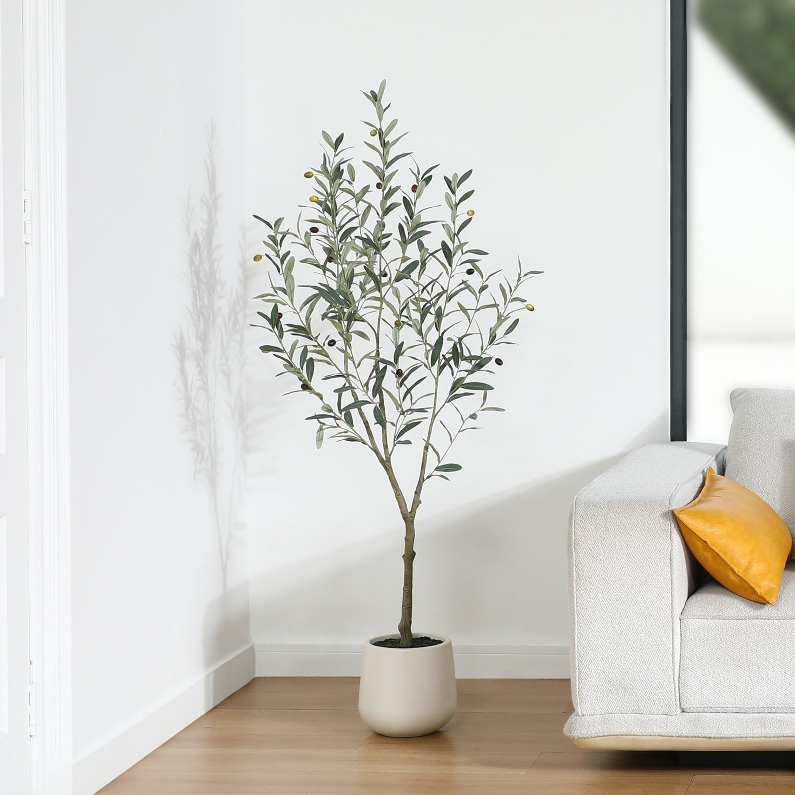 Adcock Faux Olive Tree with Oval White Planter, Pre Potted Fake Greenry Olive Plant for Home Decor, 60" H x 20" W x 20" D