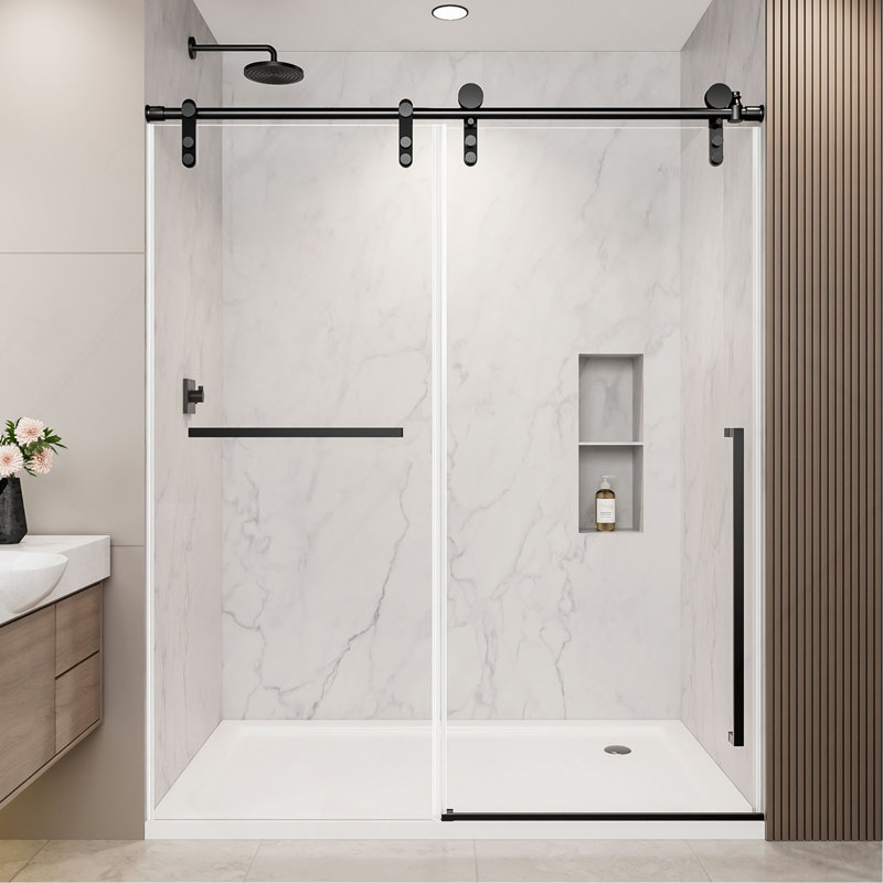 Écran de porte de douche coulissante sans cadre de 56 à 60 po x H 75 po, verre trempé transparent de 5/16 po (8 mm) avec film antidéflagrant