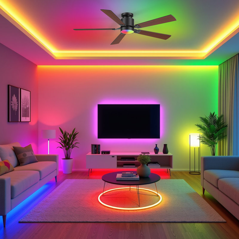 Ventilateur de plafond intelligent de 132 cm avec éclairage DEL et éclairage d'ambiance RVB, application et télécommande, moteur CC réversible silencieux, 6 vitesses, montage encastré, pour salon et chambre.