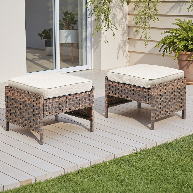 Ensemble de 2 repose-pieds d'extérieur en osier PE avec coussin pour la cour ou la terrasse, Beige