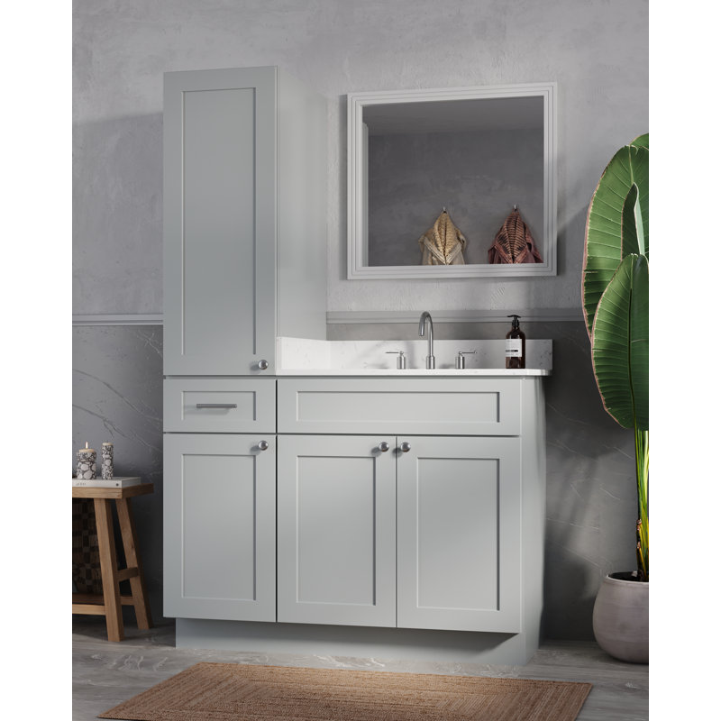 Disar 45' Single Bathroom Vanity With Left Linen Tall Cabinet Dovetail Solid Wood Drawer Carrara Quartz Top, Gray