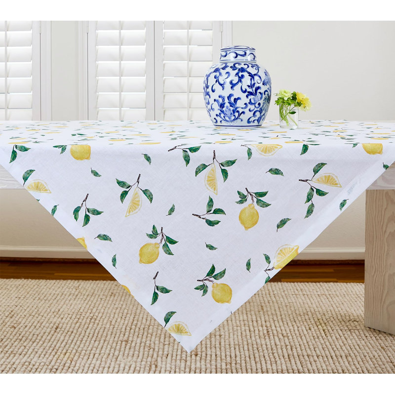 Botanical Lemon - 100% Pure Linen Table Throw, Botanical Lemon/White Floral