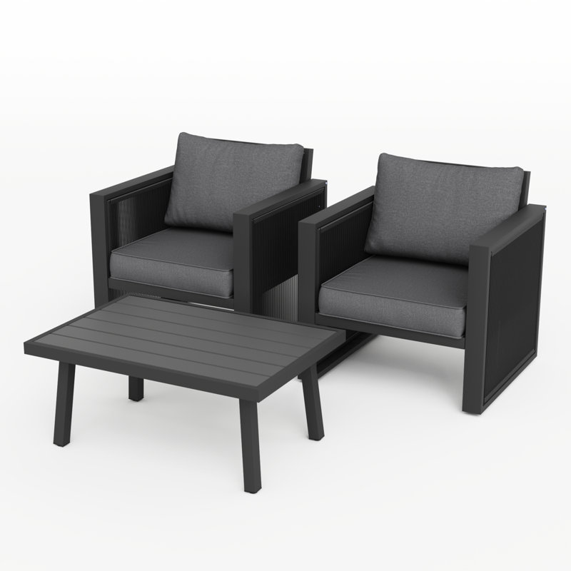 2-Person Aluminum Patio Conversation Set With Cushions, Gray Cushion/Black Frame