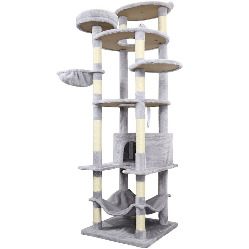 Arbre à chat gris Cy13 - Support avec lattes et base élargie, poteaux couverts pour l'entretien des griffes, 3 condos spacieux pour faire la sieste, 2 perchoirs de repos, boules de jeu Jinging, assemblage rapide et facile, base 4 chats