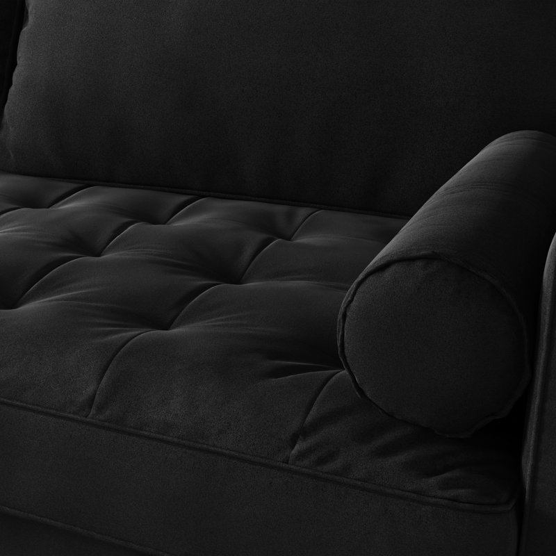 Brighton 58" Mid-Century Modern Velvet Loveseat, Tufted Square Arm Apartment Sofa with 2 Bolster Pillows, Black Velvet