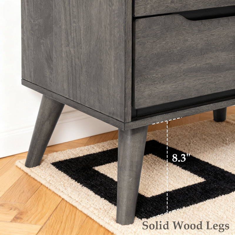 Modern Solid Wood Nightstand With 2 Drawers，Fully Assembled, Gray