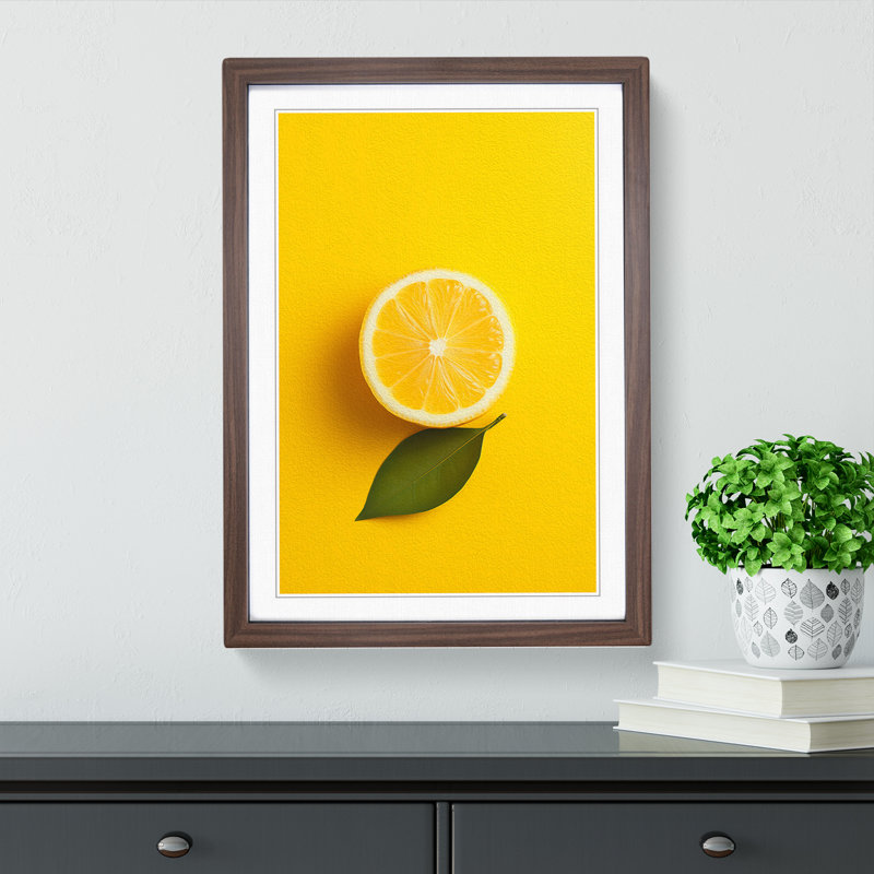 Lemon Fruit Minimalism - Single Picture Frame Print on Wood, Walnut Framed, 46cm H x 34cm W x 2cm D