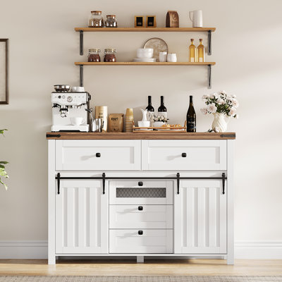 Farmhouse Buffet Sideboard Cabinet, 5-Drawer Storage Cabinet with Sliding Barn Doors, Wood Coffee Bar Table with Adjustable Shelf, Ideal for Dining Ro