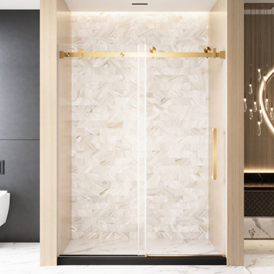 56 - 60 "w X 76" H Brushed Gold Single Sliding Shower Door, 1/4" 6 Mm Clear Tempered Glass, Film, Stainless Steel Track And Handle, American Design, Large Wheels For Silent Efficient Sliding,