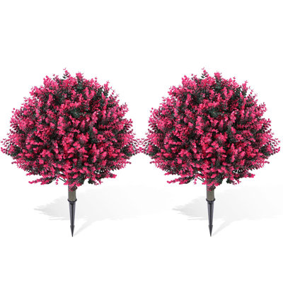 2 Pack UV Resistant Artificial Red Topiary Balls with Stakes, 15.7" Faux Red Flower Topiary Outdoor Shrubs for Patio Pathway Porch Front Yard Garden Decor