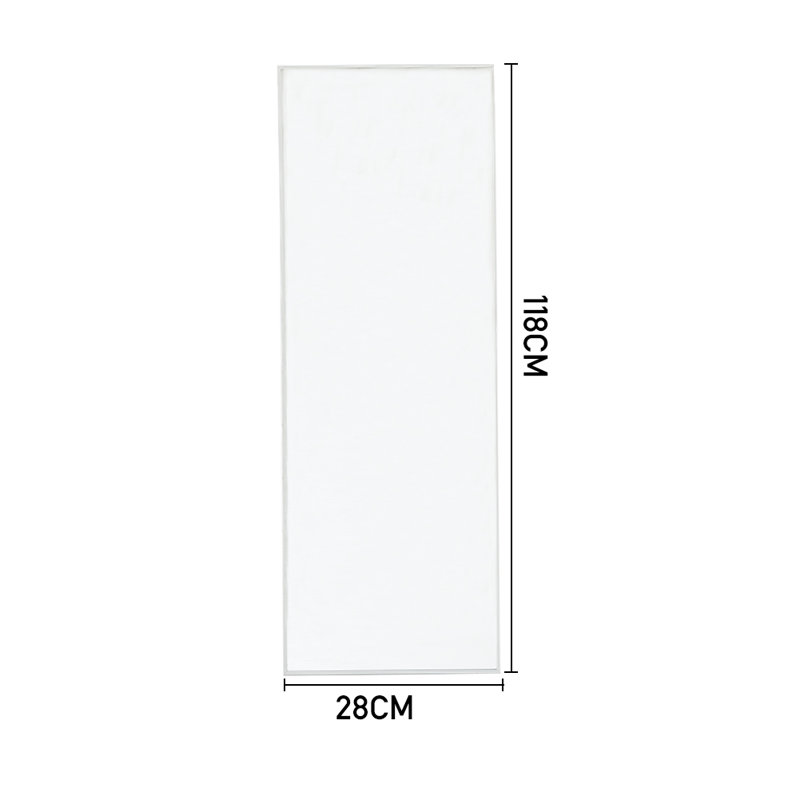 White full-length mirror with frame behind door