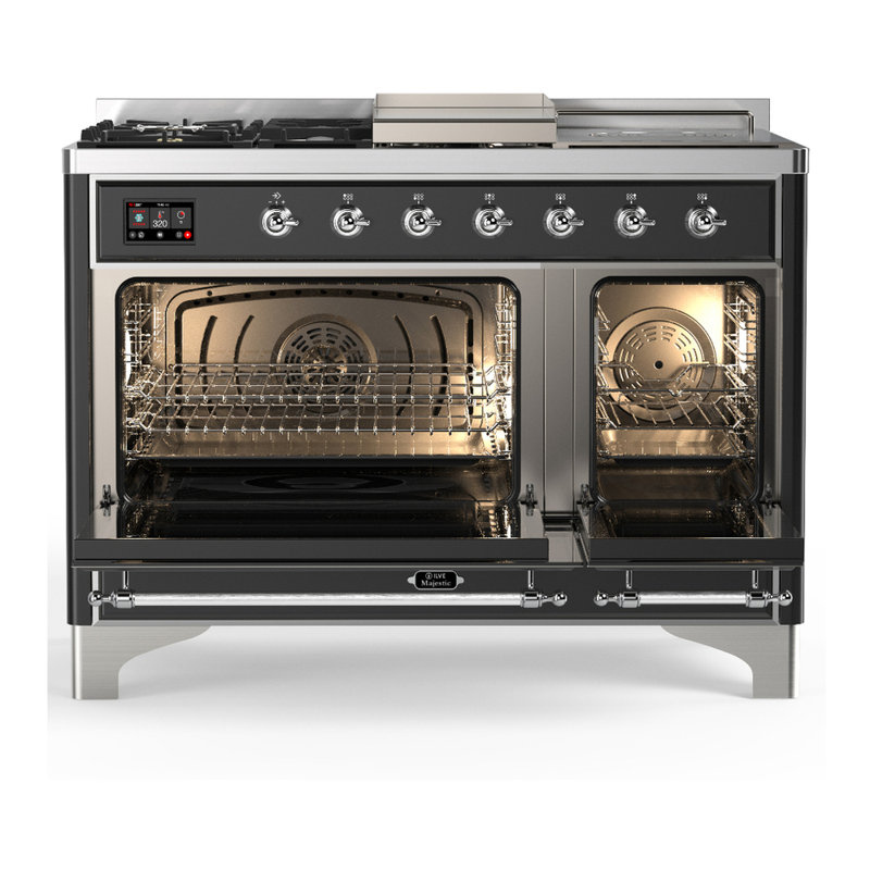Majestic III Series 48 Inch Dual Fuel Range with 5 Sealed Burners, Griddle, Frenchtop in Glossy Black (Natural Gas, Burnished Trim)