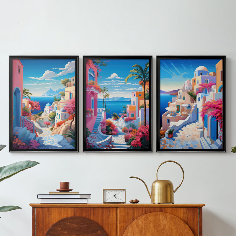 Steppingstones To the Sea I  -Custom Framed  Wrapped Gallery Canvas - 3 Pieces, Black, 21" H x 30" W