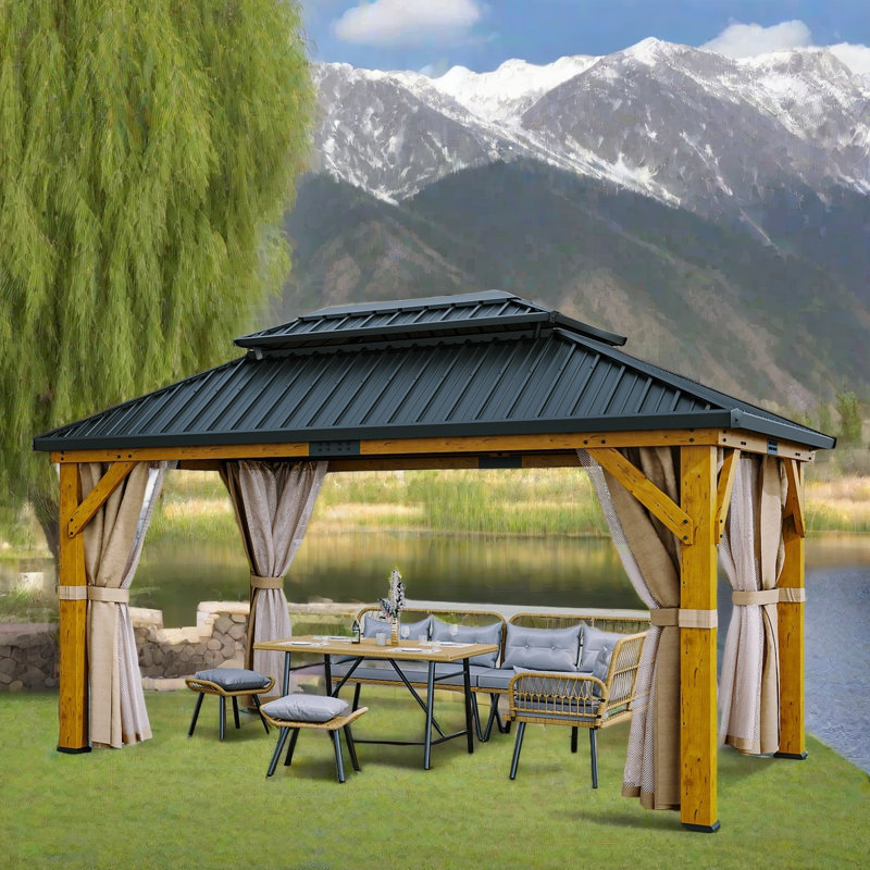 Solid Wood Patio Gazebo with Double Roof Hardtop and Curtains, 15ft W x 13ft D