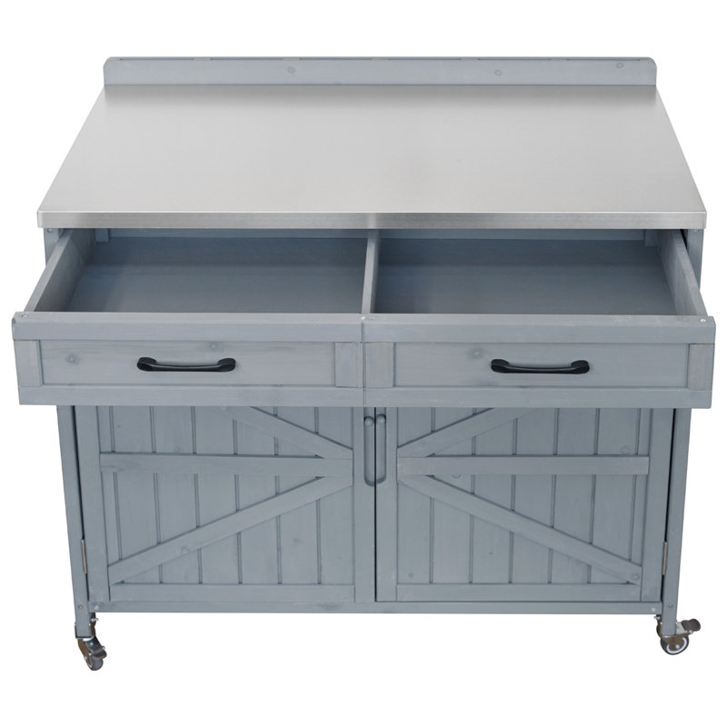 Îlot de cuisine 39,4 po avec plateau en acier inoxydable pour l'extérieur, Gris