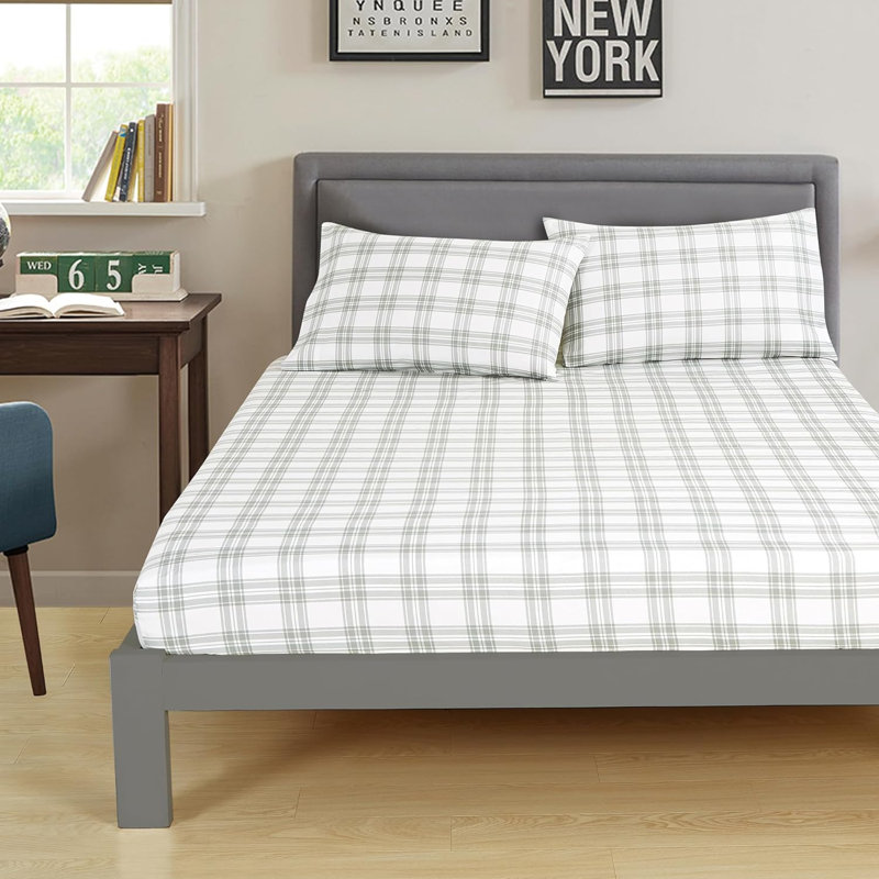 Brushed Microfiber Plaid Sheet Set, King Sheet Set + 1 Fitted Sheet + 2 Pillowcases, Gray/White