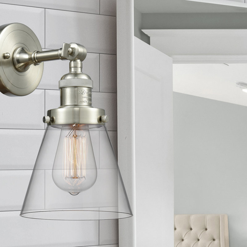 Cone 1 Light Sconce, 6 Watt Vinage LED Bulb, Clear, Brushed Satin Nickel
