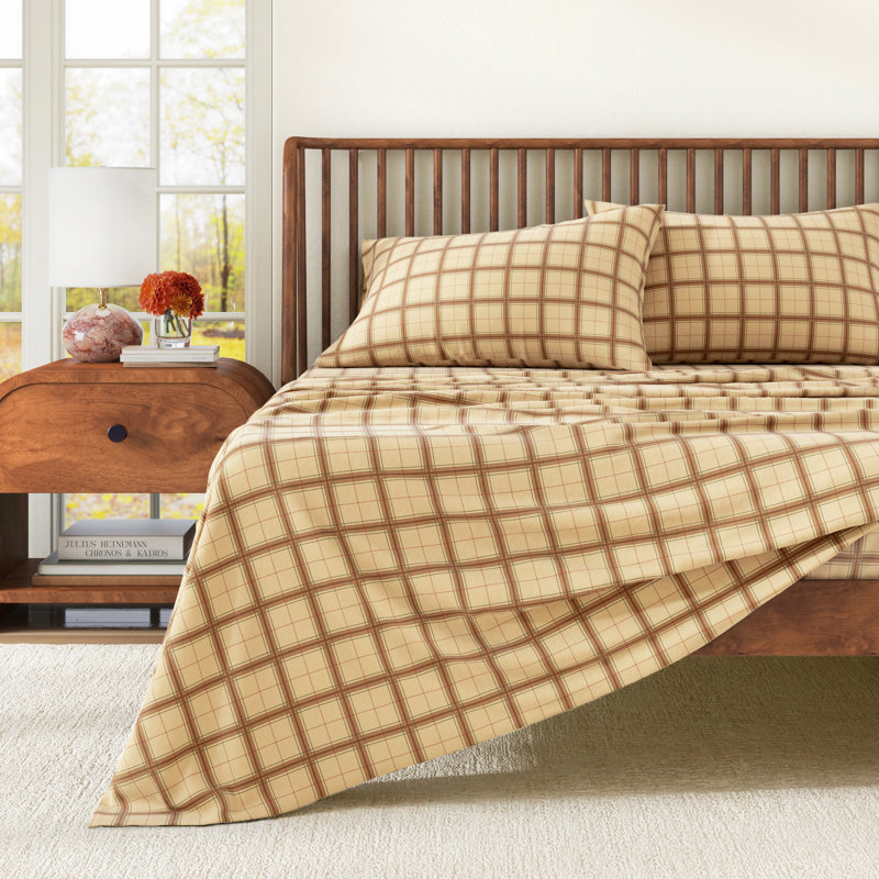 100% Turkish Cotton Plaid Flannel Sheet Sets, Queen Sheet Set with 2 Pillowcases, Taupe/Green/Red Striped