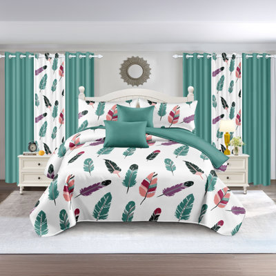 California King Size 9-Piece Boho Feather Bedding & Curtain Set (Cal King) - Quilted Microfiber Bedspread + Sheer Drapes