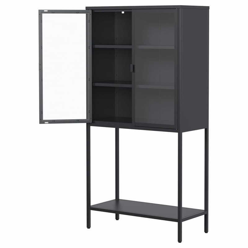 Armoire de rangement avec portes en verre et 2 tablettes réglables, Noir