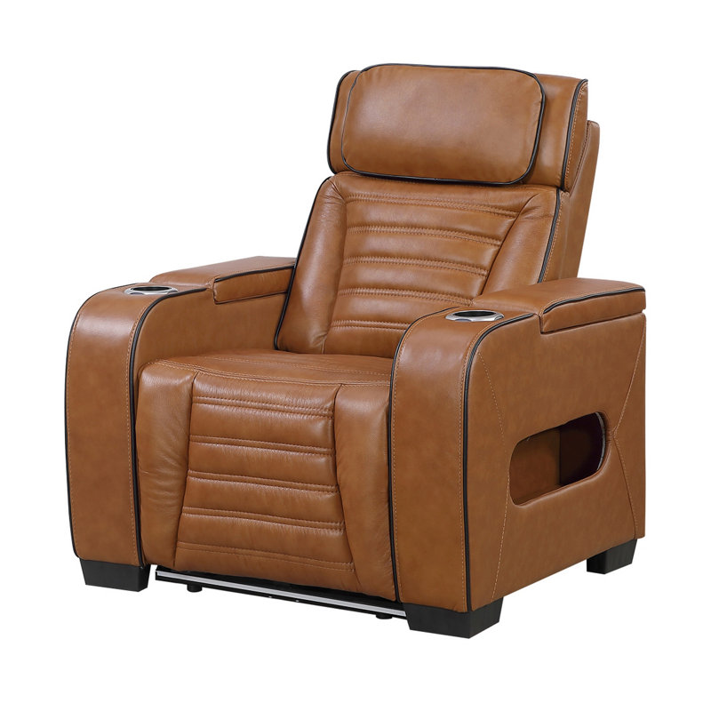 Cyrus Power Recliner w Headrest, Heat Massage, USB Ports, LED, Brown Leather, Brown Faux Leather