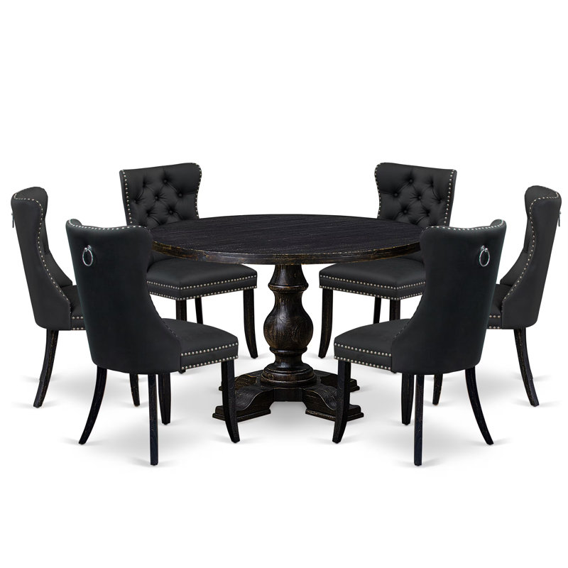 Ensemble de table de salle à manger 7 pièces avec similicuir 6 chaises de cuisine parsons gris foncé, dossier capitonné et une table de cuisine ronde de 48 po au fini noir sablé.