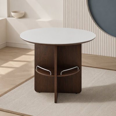 White Sintered Stone Round Dining Table with Walnut MDF Legs and Storage Divider for Home