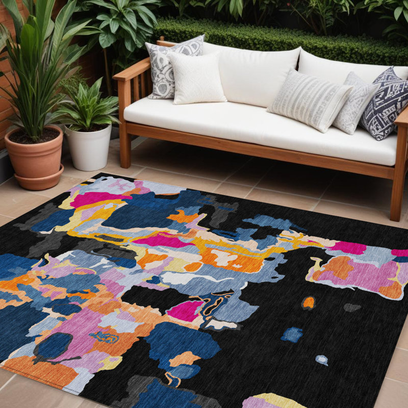 Tapis d'extérieur lavable abstrait bleu, noir et rose 10 pi x 14 pi