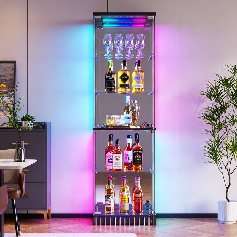 67''H Bar Cabinet with RGB Lights and Motion Sensor, Lockable Wine Cabinet with 5-Tier Display Shelves, Black