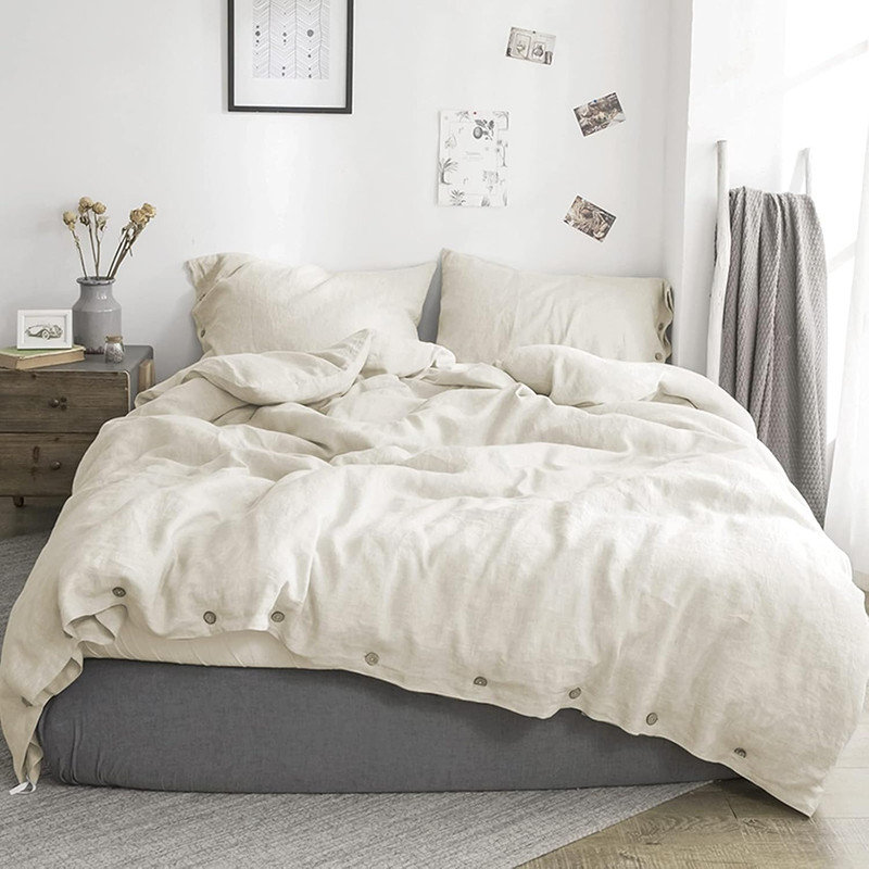 100% Belgian Flax Linen Duvet Cover -1 Duvet Cover , Pillowcases,Breathable Farmhouse Comforter Cover With Coconut Button Closure