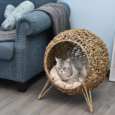 Handwoven Banana Leaf Elevated Cat Bed, Wicker Kitten House With Soft Cushion And Tripod Stand – No Assembly Required