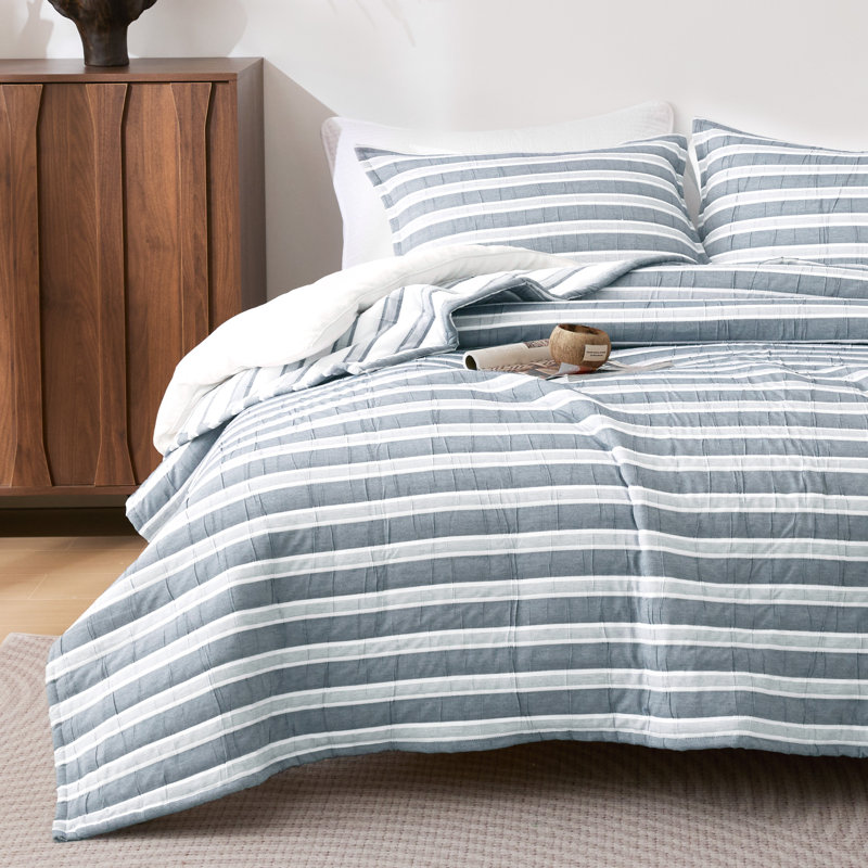 Sleep Zone Twin/Twin XL Size Cotton Jacquard Quilt Set 2 Pieces for All Season 68 x 86 Navy Stripe, Navy Striped
