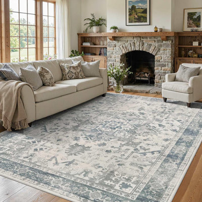Tapis lavables pour le salon, tapis bleu clair Boho rétro pour le bureau, la salle à manger, la chambre et la maison de campagne, tapis antidérapant durable à poils courts pour les zones à forte circulation