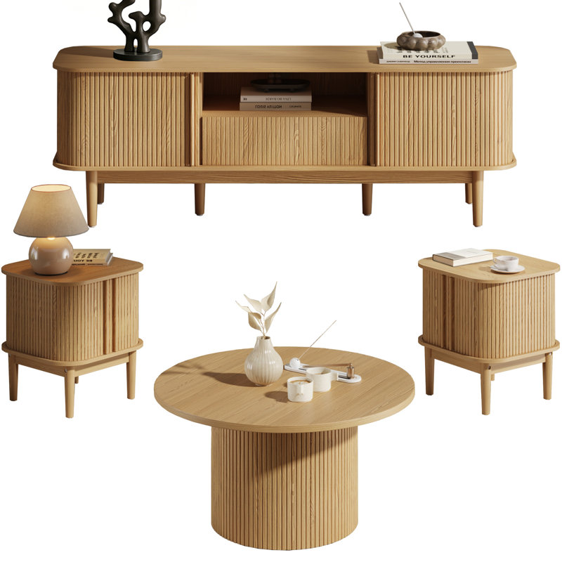 4-piece Living Room Table Set, 1 Tv Stand, 1 Coffee Table And 2 End Tables, Natural