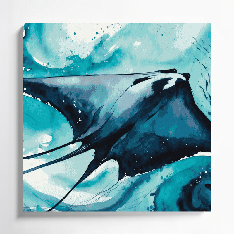 Coastal Manta Ray Glide Blue Canvas Wall Art, 16" H x 16" W