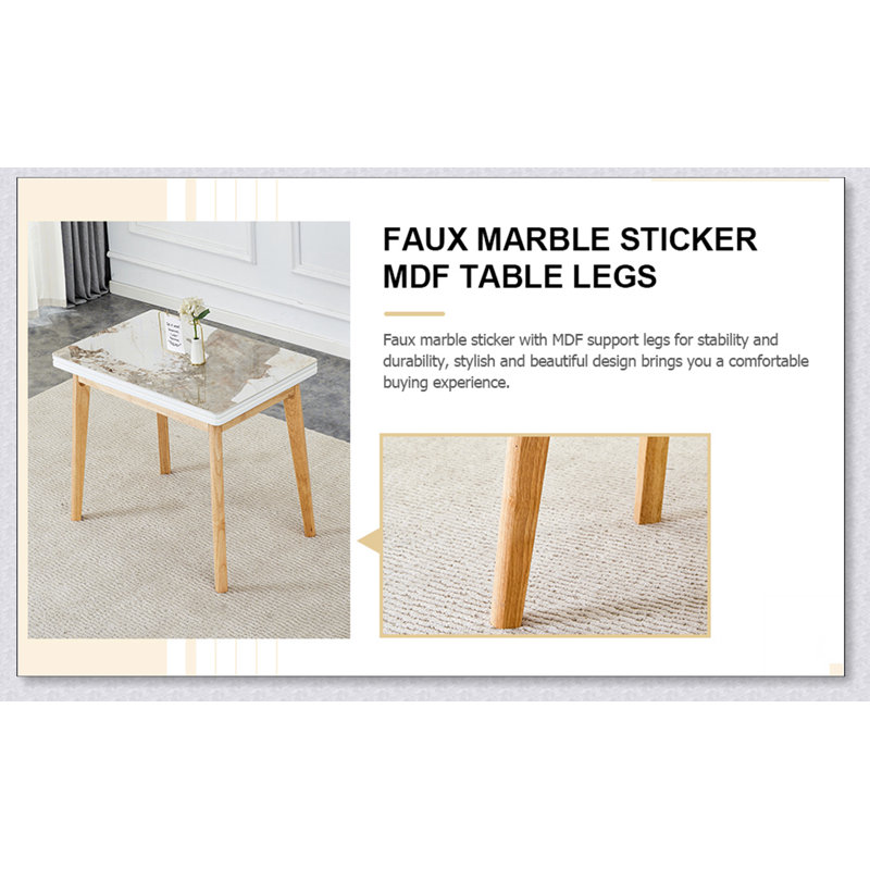 Plateau de table en imitation marbre fritté avec pieds en bois d'hévéa, bureau d'ordinateur pliable, Blanc / Brun