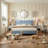 Scandinavian Channel-Tufted Upholstered Bedwith Solid Wood Frame, King ,Blue Linen-28691558-28691552