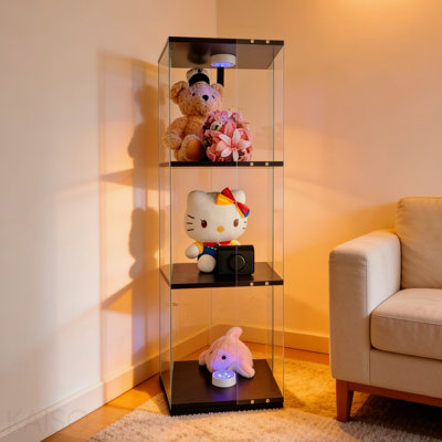 Vitrine rotative à trois niveaux de style armoire, armoire à vin, armoire de rangement, avec lumière Paipai télécommandée, pieds réglables, peut être placée dans le salon, couloir, couleur: noir